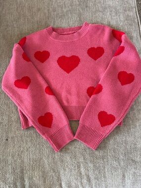 Pink Heart Pattern Women’s Sweater - Red Accents